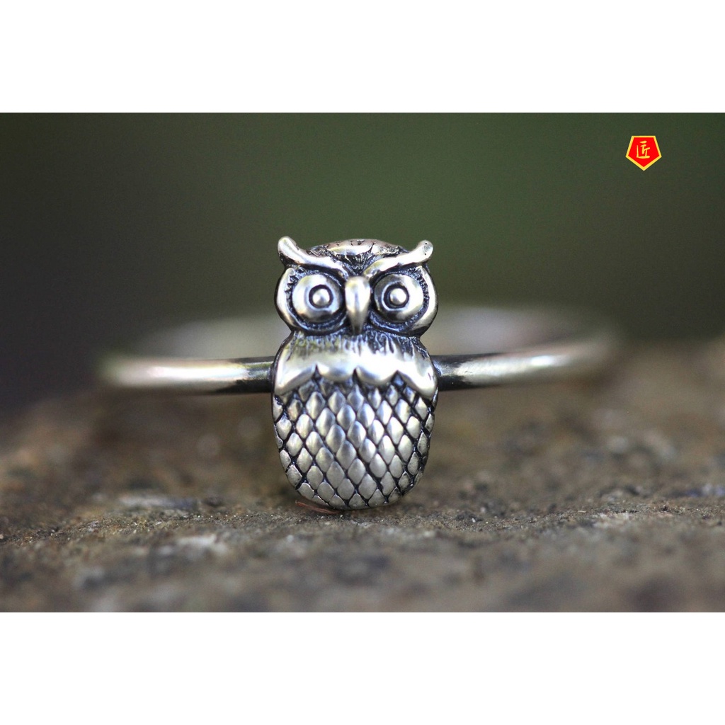 [Ready Stock]S925 Vintage Silver Owl Ring Love Feather Wings