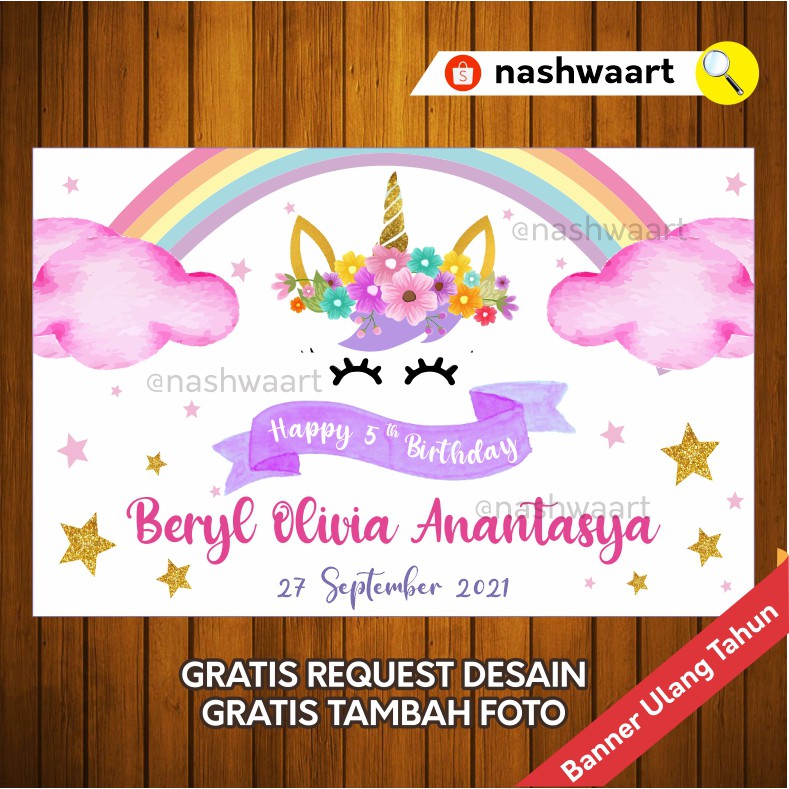 Spanduk Backdrop Banner Baner Background Ultah Ulang Tahun Birthday Anak Tema Unicorn Desain Custom