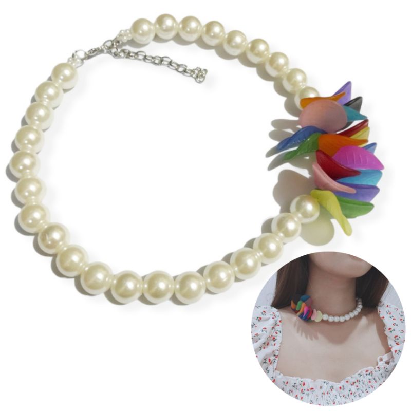 Floella Flower Pearl Choker Necklace Colorful Chic Warna Warni Kalung Mutiara Kelopak Bunga Samping