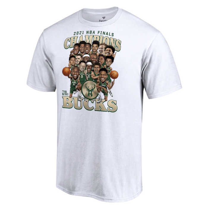 T-Shirt Kaos Basket Pria distro NBA Milwaukee Bucks 2021 NBA Champions Caricature