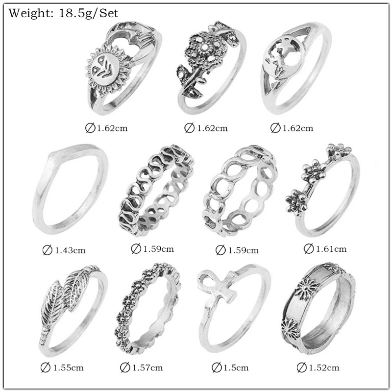 [11Pcs Set Fashion Vintage Simple Geometric Sun Moon Flower Leaf Rings For Women] [ Elegant Ladies Smooth Fine Thin Finger Ring] [Lovely Jewelry Gifts For Girl Friends]