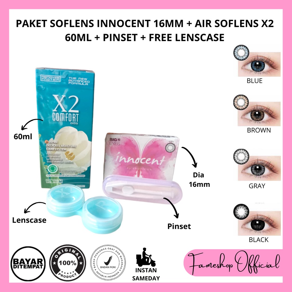 PAKET SOFTLENS INNOCENT DIA 16MM NORMAL &amp; MINUS + CAIRAN X2 60ML + PINSET + LENSCASE / COD INSTAN SAMEDAY / LENSA KONTAK / PAKET MURAH