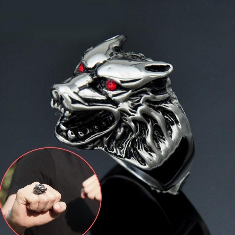 SeuSuk Cool Fashion Popular Vintage Men Punk Silver Wolf Werewolf Ruby Eyes Finger Ring Jewelry