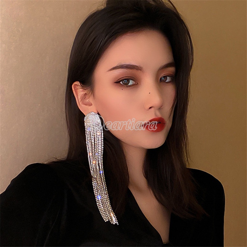 Deartiara Anting Gantung Panjang Tusuk Silver S925 Aksen Rumbai + Kristal + Berlian Imitasi Untuk Wanita