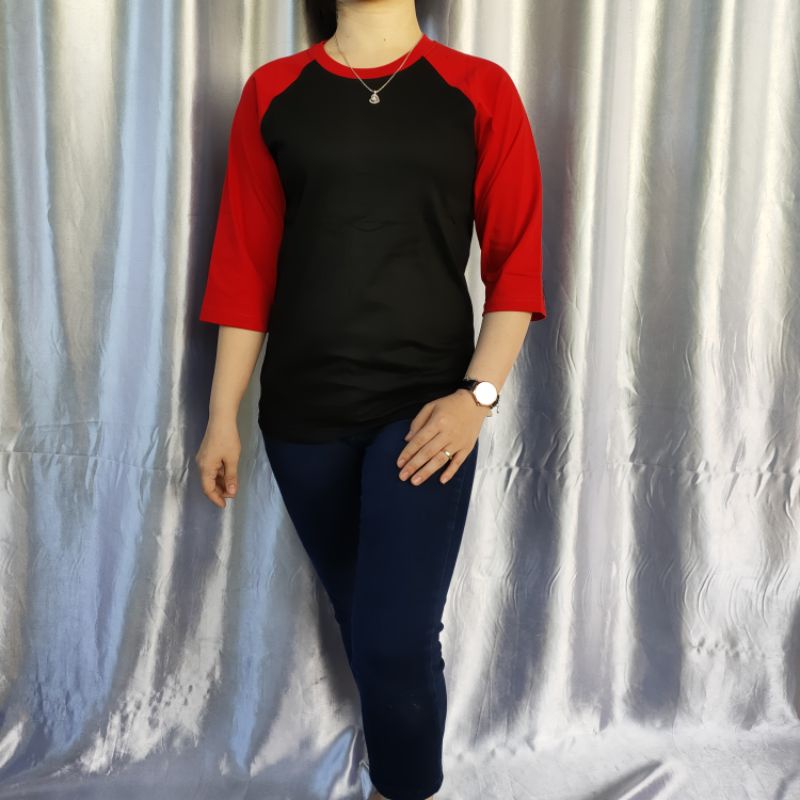 kaos reglan polos pria/wanita lengan 3/4 HITAM-MERAH uk m l xl xxl