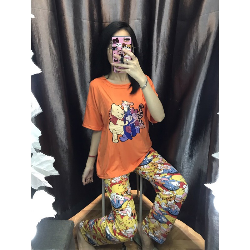 piyama/pajamas winnie long cwe spandek.homewear/sleepwear/bajutidur wanita murah winnie kekinian pjg