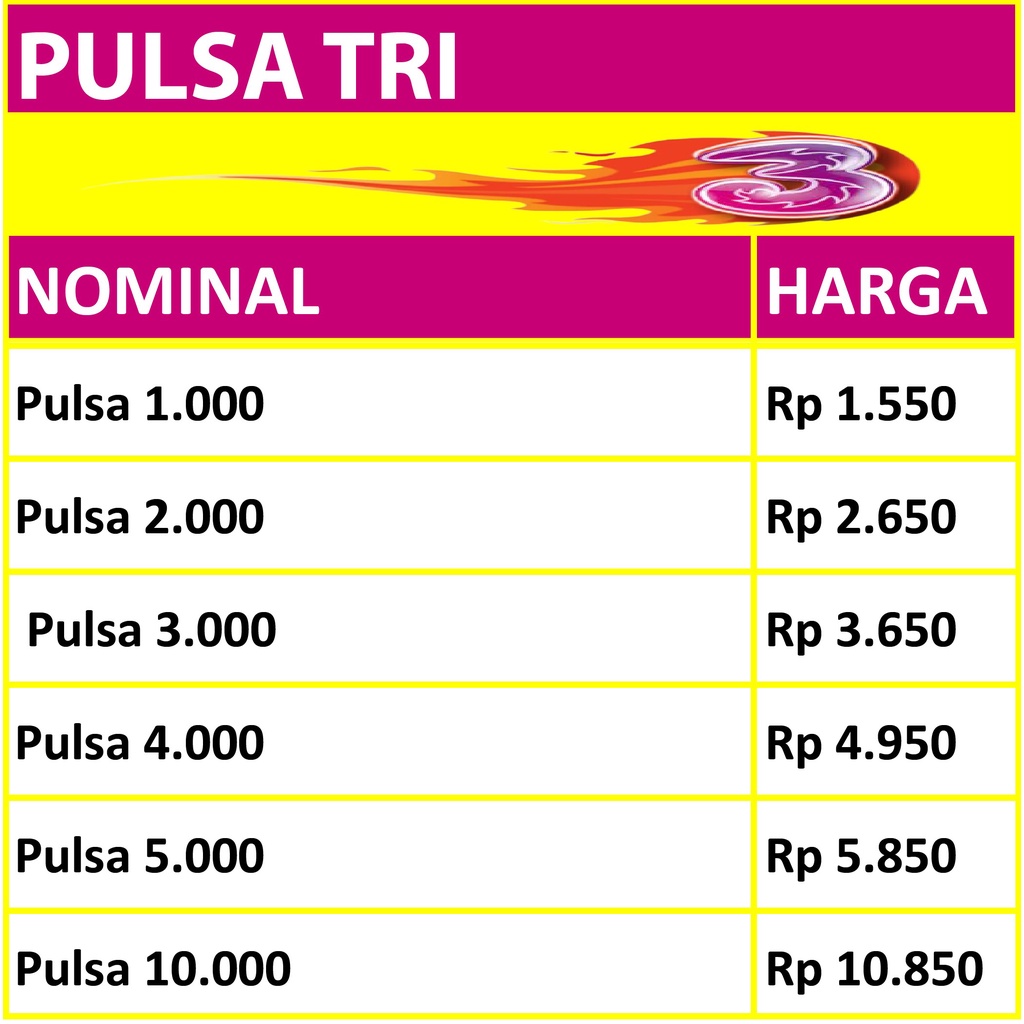 PULSA TRI 1K 2K 3K 4K 5K 10K Reguler Termurah Menambah Masa Aktif