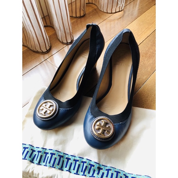 Tory Burch Wedges Blue Leather Ghw/sz 6M insole 21-22cm/db/NETT