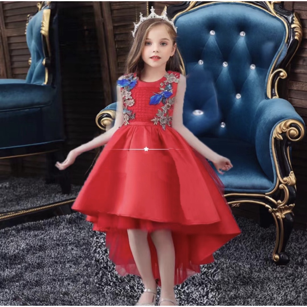 REAL PHOTO DRESS BAJU PESTA / NATAL / IMLEK / FASHION SHOW ANAK MERAH PITA MANIK MODEL EKOR PANJANG