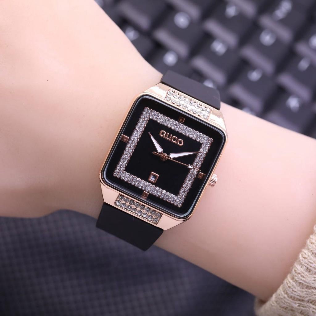 COD✅ Jam Tangan Wanita Fashion Rubber Analog QuDiamond Tanggal Aktif Persegi Gaya Korea  S1263