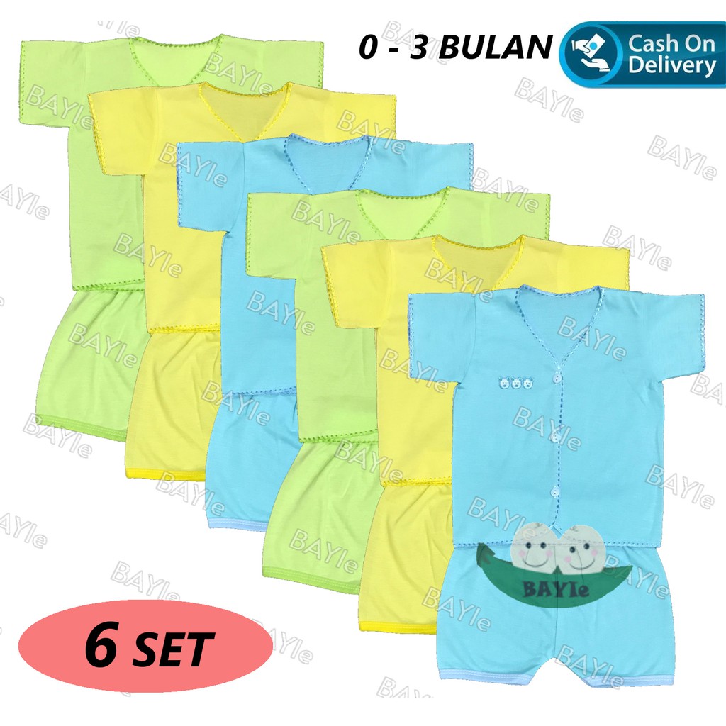 BAYIe - 6 SET Setelan Baju Bayi Pendek+Celana Pendek Polos WARNA umur 0-3 bulan