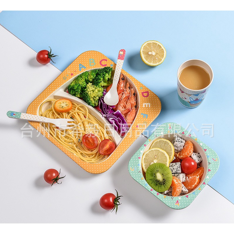 Tableware Set Bamboo Peralatan Makan Anak Bayi Mangkok Piring Sendok Garpu Gelas Baby Bowl Cup Dish