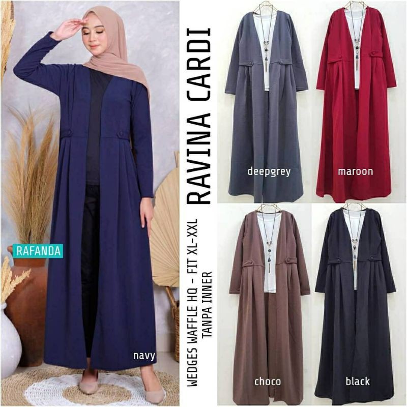 Ravina Cardy, KARDIGAN WANITA MUSLIM PANJANG CANTIK NO KERAH BAHAN WEDGES WAFFLE LD 100-110 OOTD