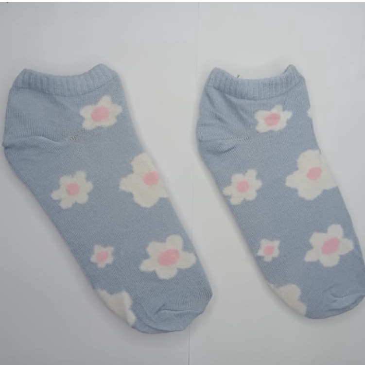 ⭐Gogoland⭐ Kaos Kaki Wanita Fashion Motif Strawberry Bunga Lebah Bee Kotak Biru Navy  Bunga Biru Green Leaf  Polos Pattern Garis Kaoskaki Pendek Korea Sock Import KK001-006-K4 BIRU BUNGA