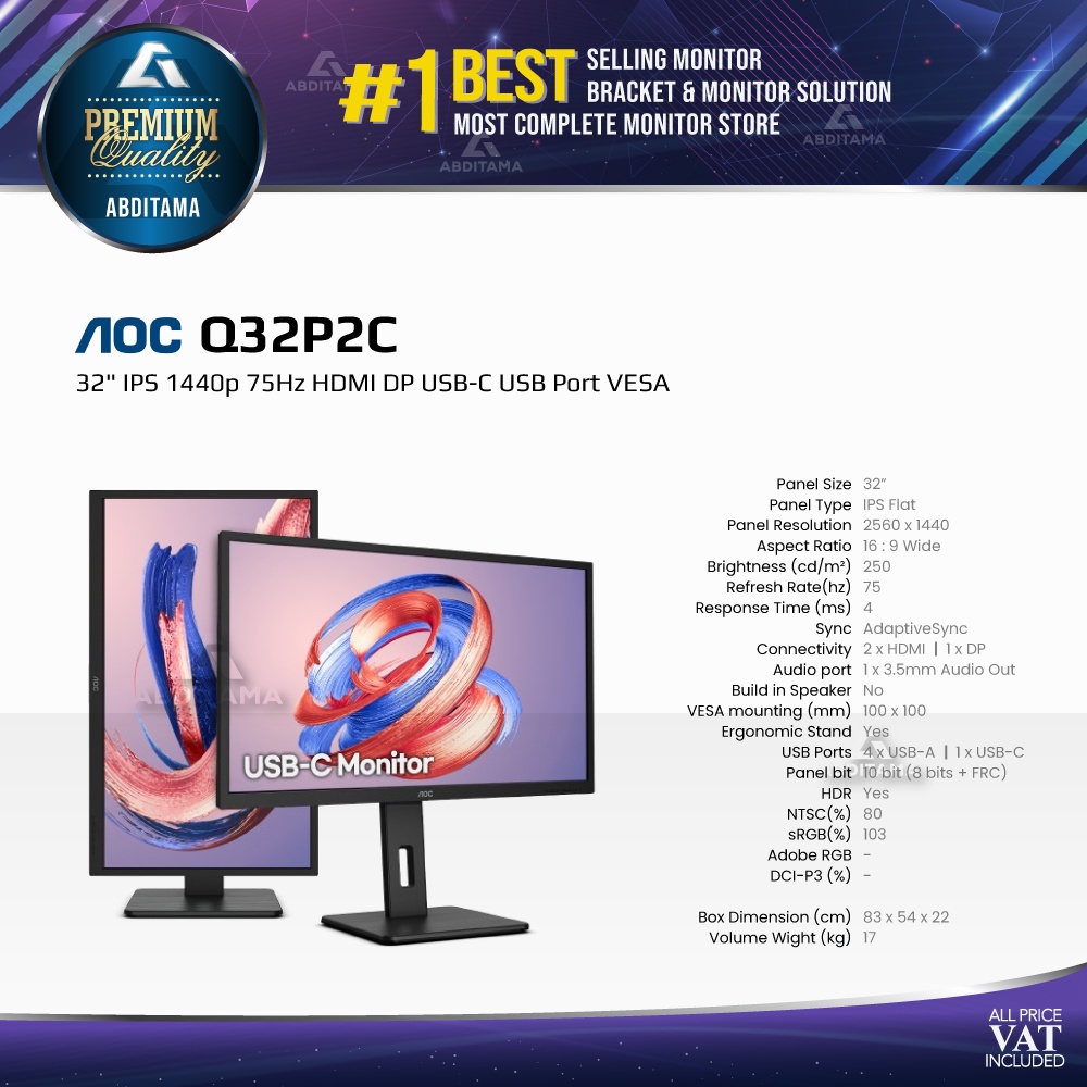 Monitor LED AOC Q32P2C 32&quot; IPS 1440p 75Hz HDMI DP USB-C USB Port VESA