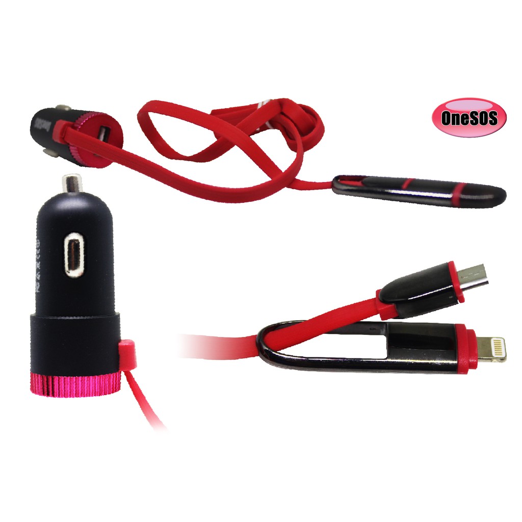 Car Charger 2 in1 - Android Micro USB Apple Lightning Cable OneSOS