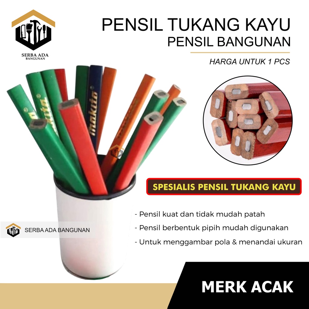 PENSIL TUKANG Kayu , Pensil Tukang Bangunan , Pensil Tukang Makita , Pensil Tukang Merah Biru