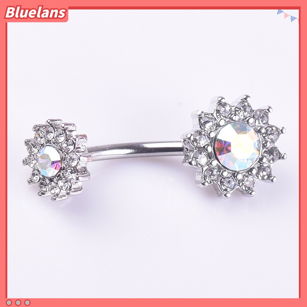 Bluelans Sexy Women Dual Floral Shiny Rhinestone Barbell Navel Ring Body Piercing Jewelry