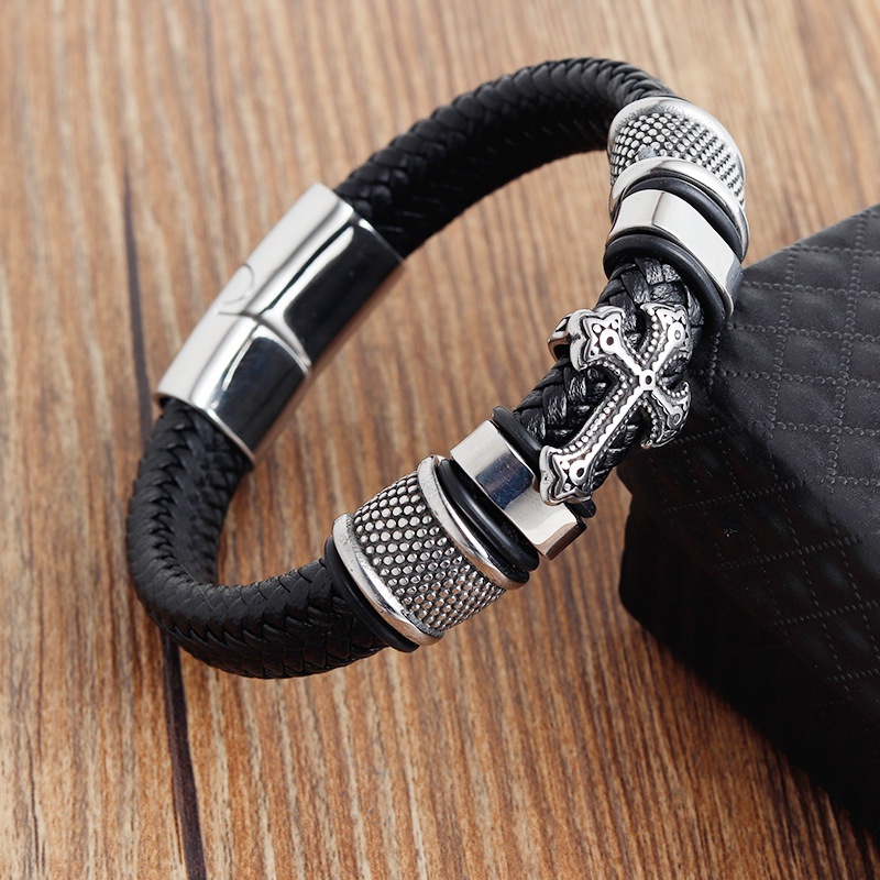 Vintage Fashion Pria Salib Stainless Steel Gelang Kulit Aksesoris Perhiasan 18.5CM~21CM