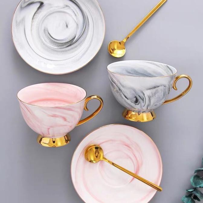 Cangkir Marble Keramik Pink - 1 set