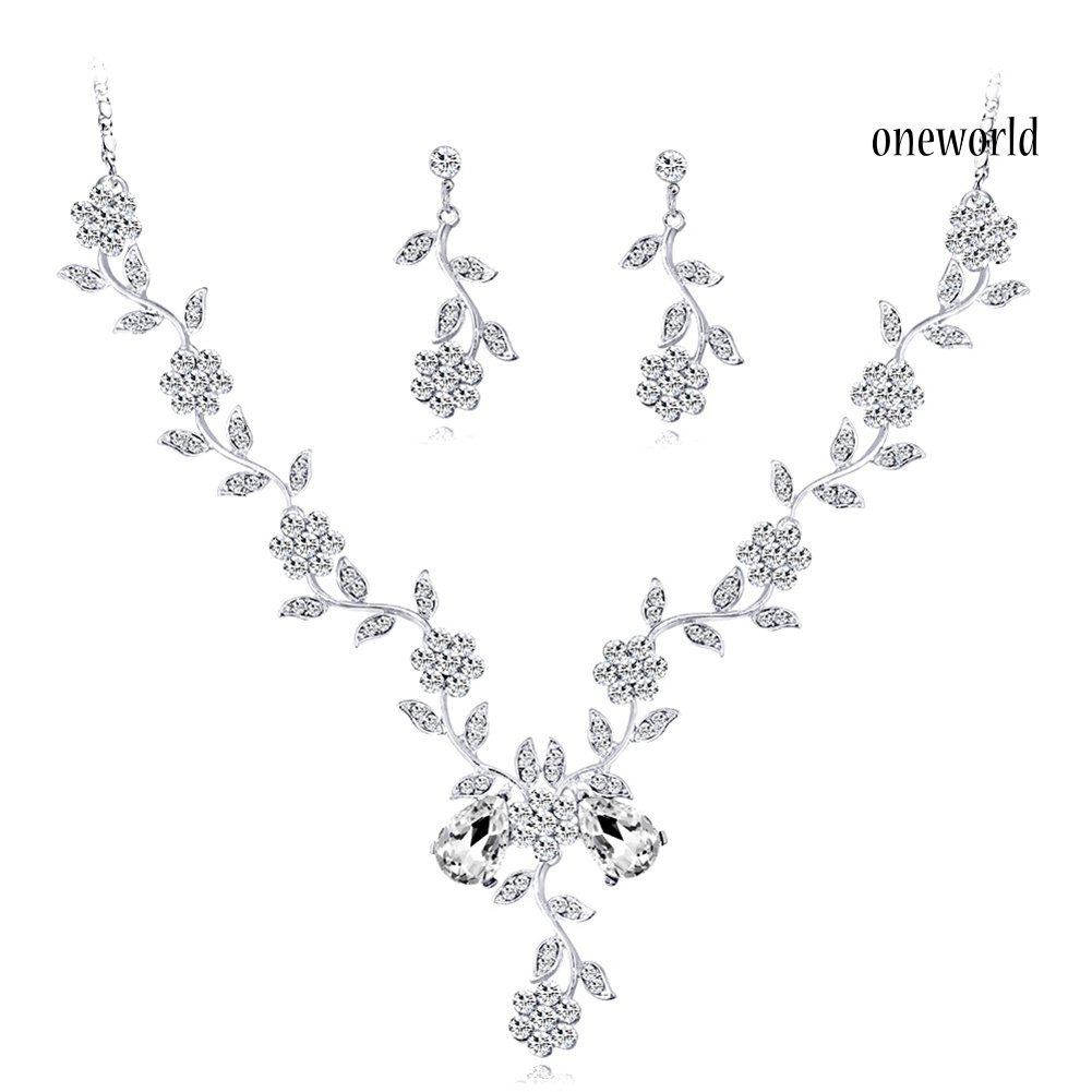 OW@ Women Rhinestone Leaves Flower Necklace Stud Earrings Wedding Bridal Jewelry Set