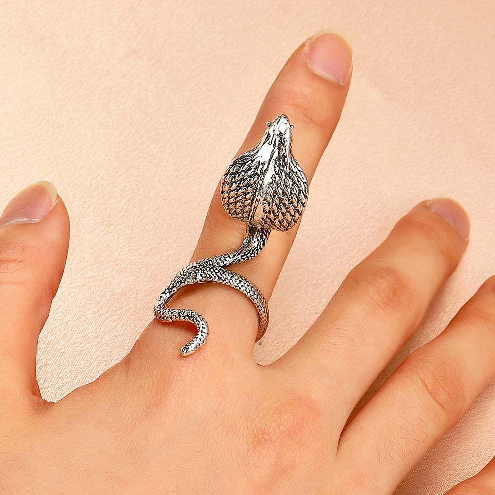 [Elegan] Wanita Cincin Terbuka Berlebihan Temperamen Punk Untuk Pria Berlian Imitasi Alloy Snake Finger Ring