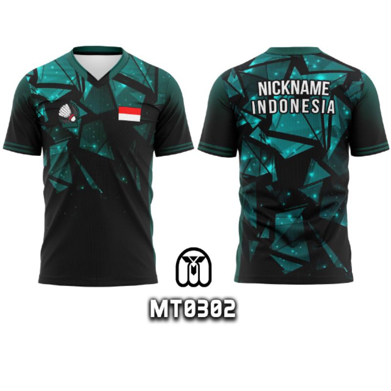 Kaos Jersey badminton bulutangkis Indonesia hitam hijau v neck custom free nickname MT0302 XXXL