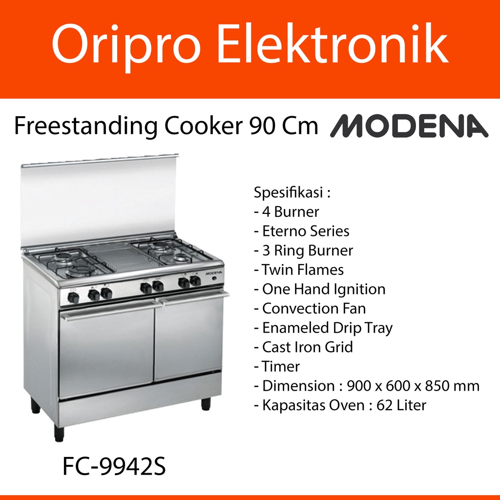 Kompor Gas Oven Freestanding Cooker Modena 90 cm 4 Tungku FC-9942S