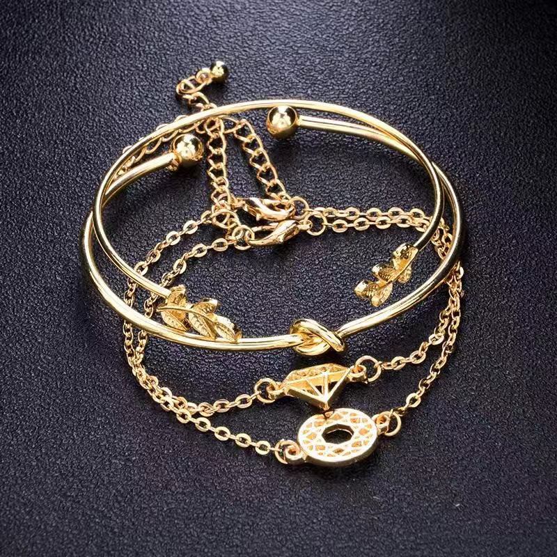 4Pcs / Set Gelang Wanita Model Vintage Simple Elegan Motif Daun Berlian Hollow / Gelang Tangan