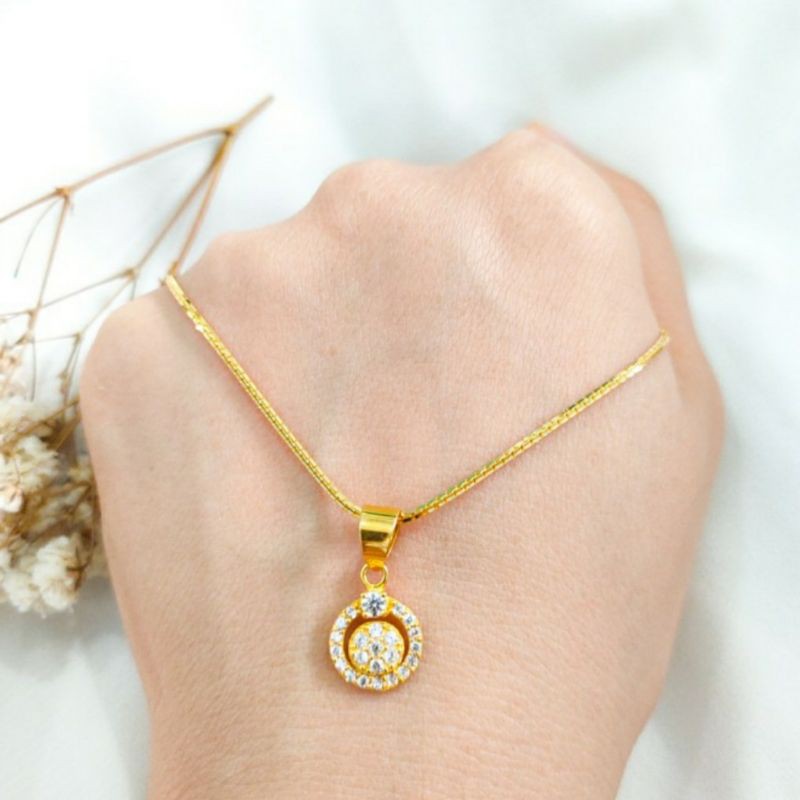 Kalung Wanita Rantai Tali Liontin Pendant Batu Permata Bulat Etnik style Korea Perhiasan Emas Asli