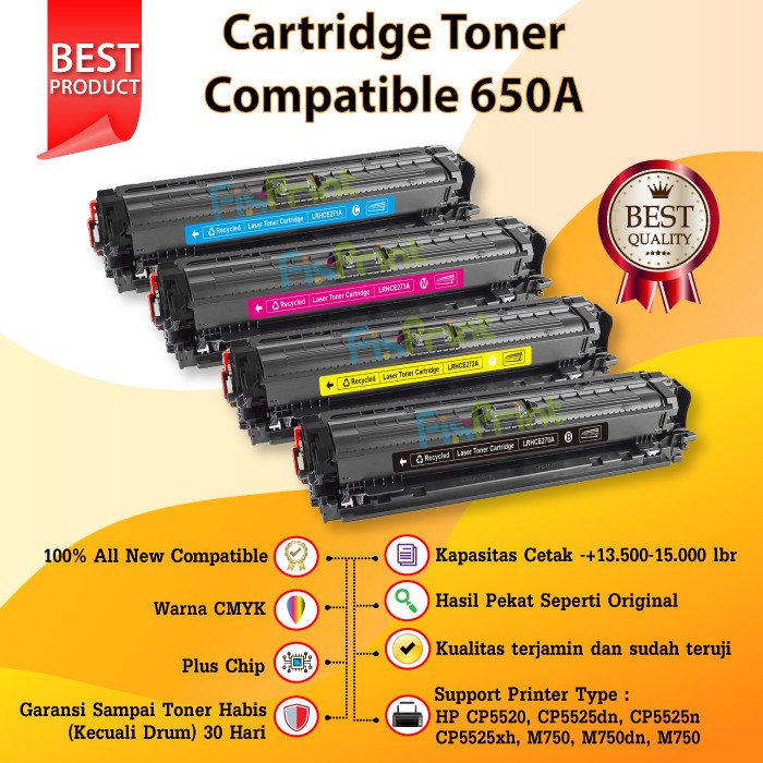 Cartridge Toner Compatible HP 650A CE270A CE271A CE272A CE273A Printer Laserjet CP5520 CP5525 CP5525