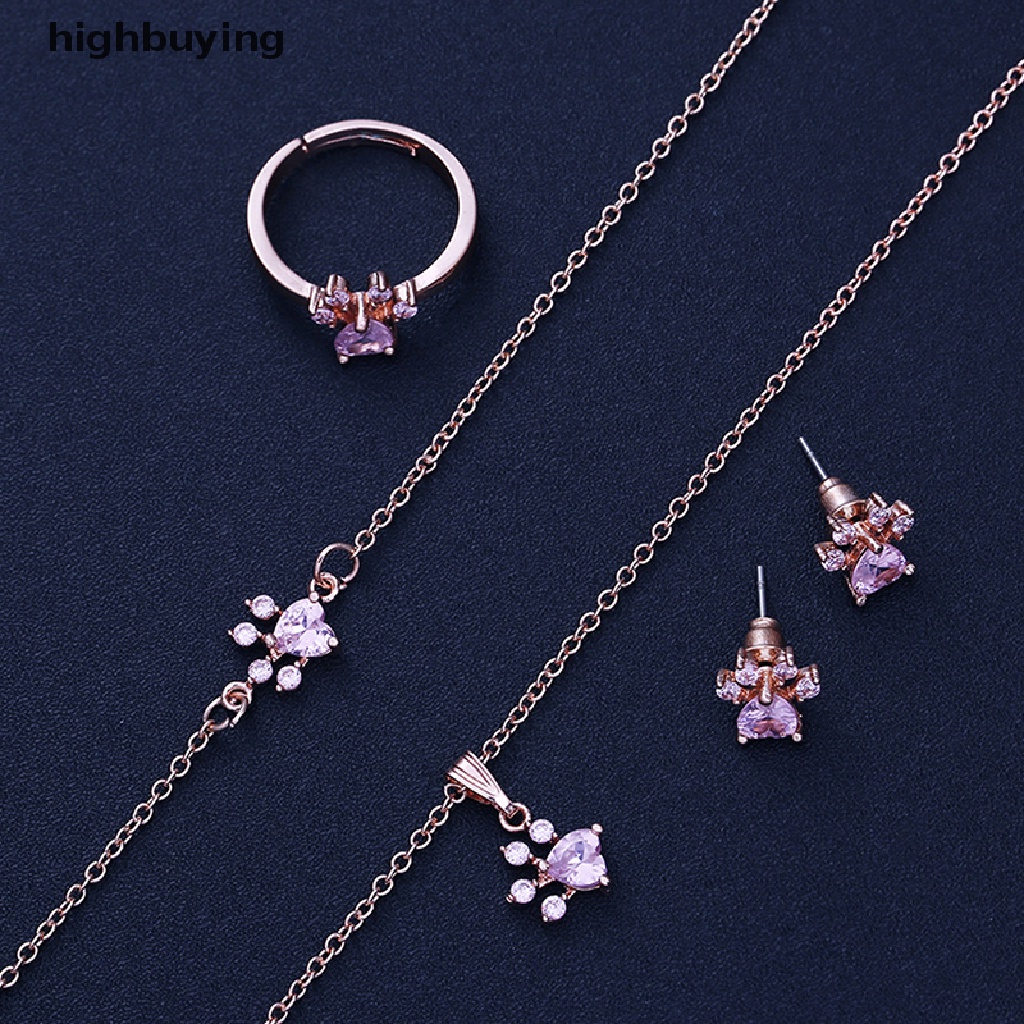 Hbid 4pcs / Set Kalung + Gelang + Cincin + Anting Bentuk Telapak Kaki Anjing Aksen Kristal Untuk Hadiah