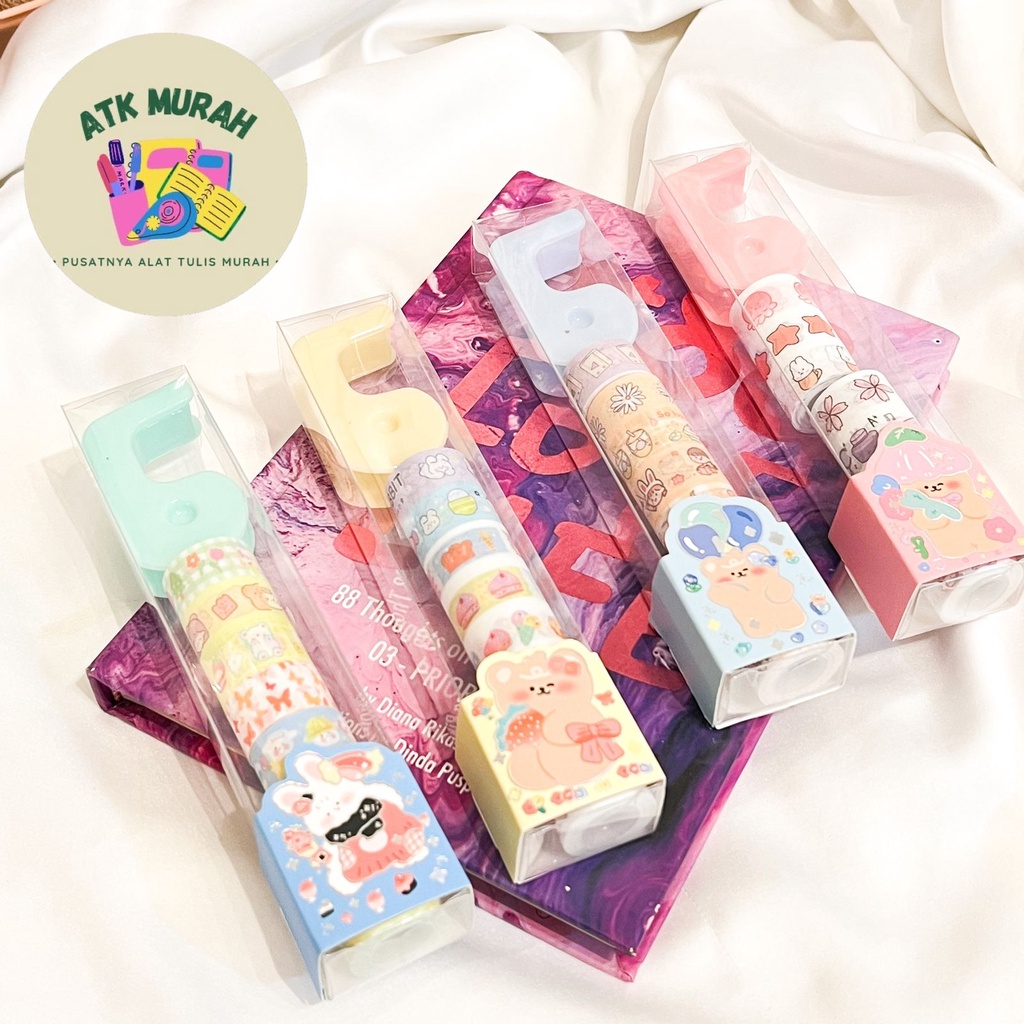 

1 set solatip mini washi tape dengan dispenser mini paket alat sekolah jurnal jurnaling kado unik isi 8 selotip gambar makanan warna pastel lucu