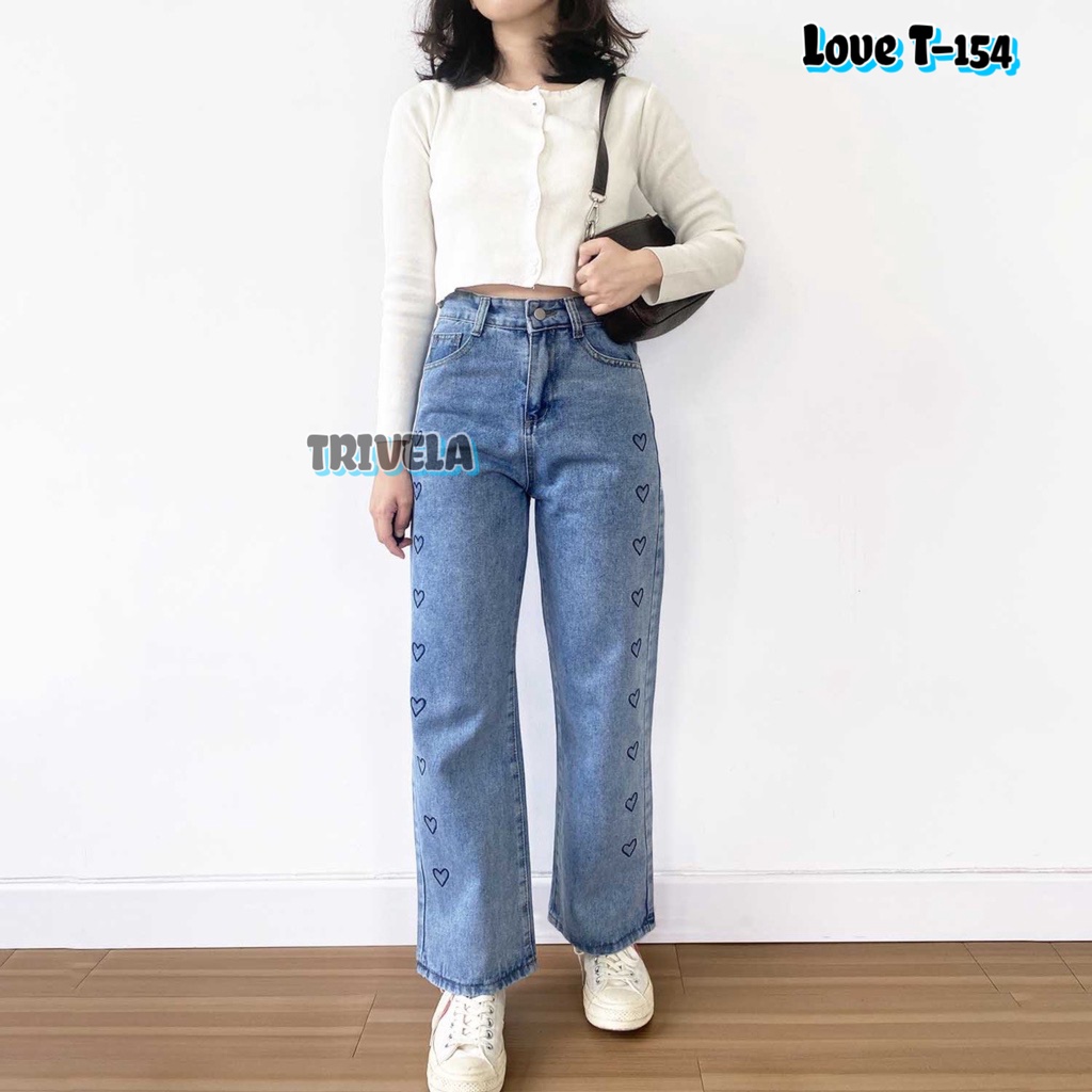 Korea Love Jeans / Celana Jeans Panjang Model Longgar / Jeans Motif Love / High Waist Gaya Korea / Kulot Loose Love / t154