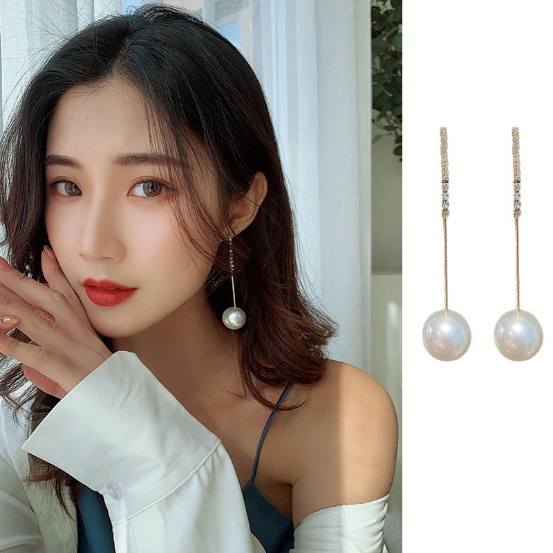 Anting Tusuk Gantung Panjang Bahan Sterling Silver 925 Hias Mutiara Gaya Korea Untuk Wanita
