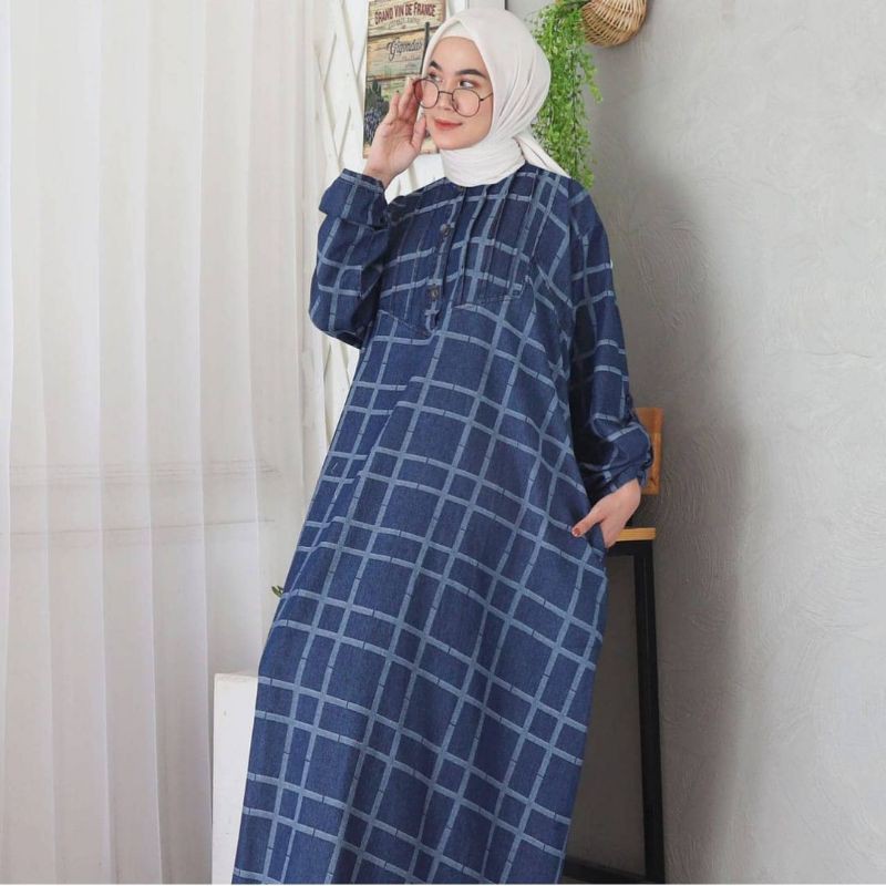 Gamis Jeans Jumbo Motif Kotak2, Bentol, dan Balok LD = 140 Cm