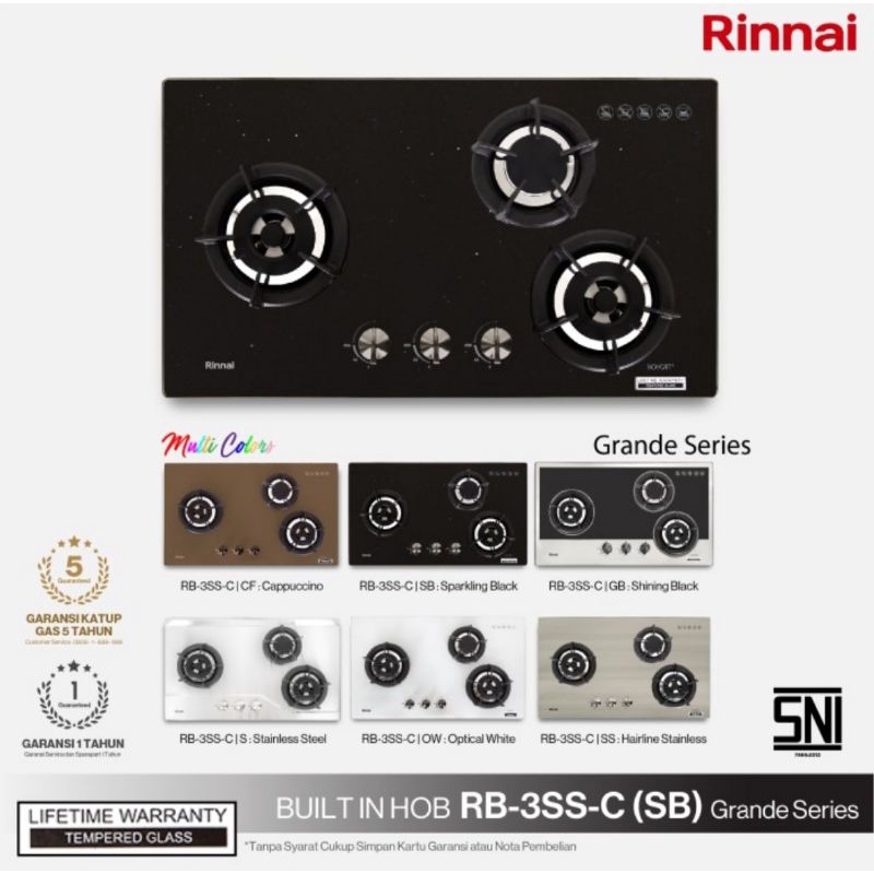 Built-In Gas Hob Kompor Gas Tanam 3 Tungku Rinnai RB 3 SS C SB