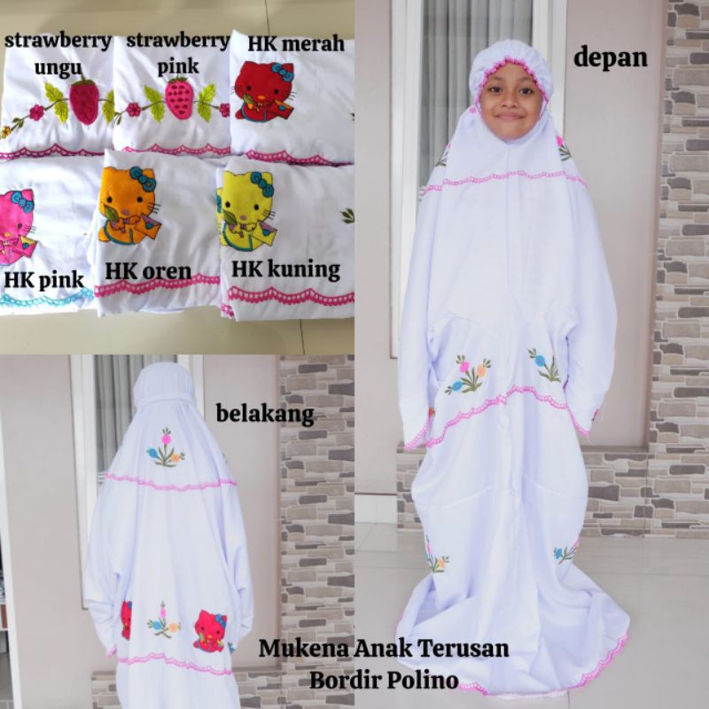 Mukena Anak Terusan Bordir Polino (Mukenah Premium Putih Hello Kitty Strawberry Bunga Motif Timbul)