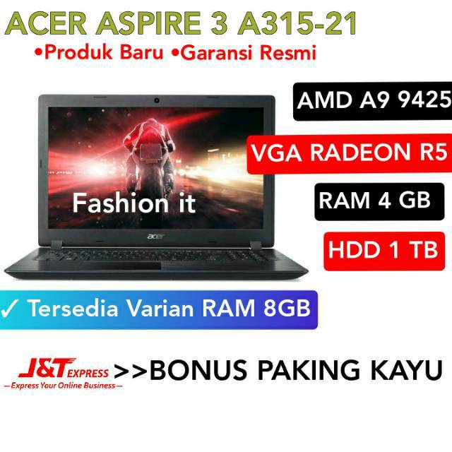 Laptop Acer Aspire 3 A315-21 948E-15.6"- AMD A9 9425-4GB-1TB-VGA RADEON R5-Windows 10