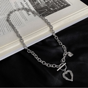 Kalung Rantai Liontin Hati Hollow Warna Silver Ala Punk Untuk Wanita