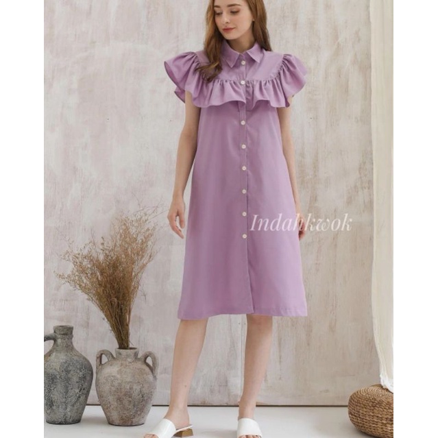 Dress lilac bahan katun pakaian wanita warna ungu rok terusan rumbai kancing depan dress perempuan g