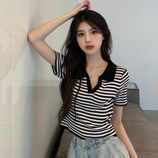 【Elegant】Vintagec Polo-neck Striped Short Sleeve Knitted T-shirts 7384