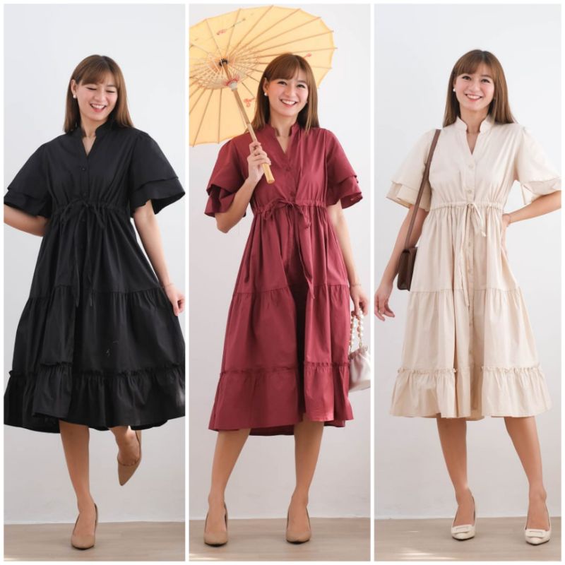 ♡ PREMIUM ♡ ORIGINAL ! CHERISH PLAIN BUTTON HIGH NECK LAYER SLEEVE LAYER MIDI DRESS ( BUSUI &amp; BUMIL FRIENDLY )