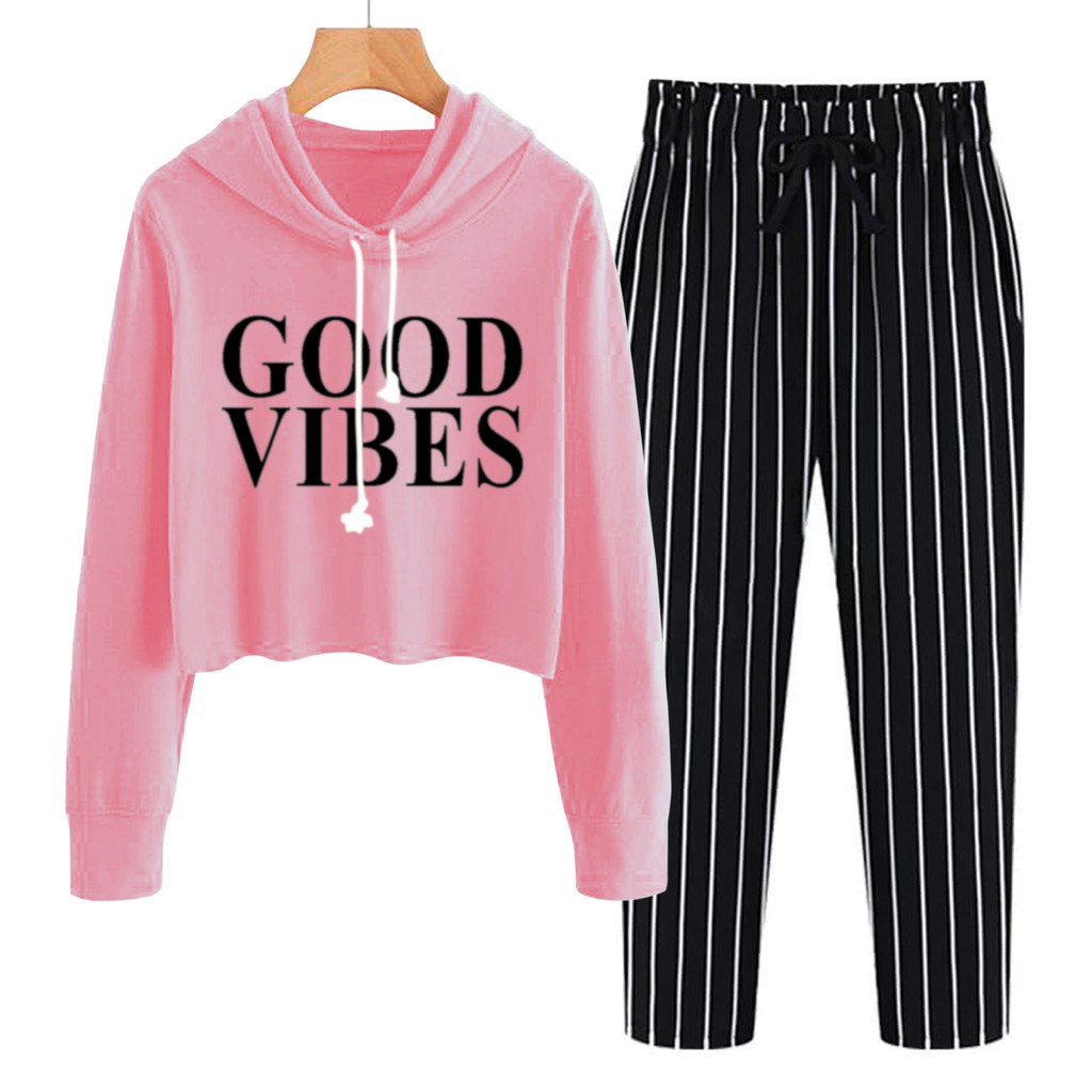 BESS - Baju Setelan Wanita Murah / Setelan Hoodie Crop + Celana Salur Hitam - GOOD VIBE