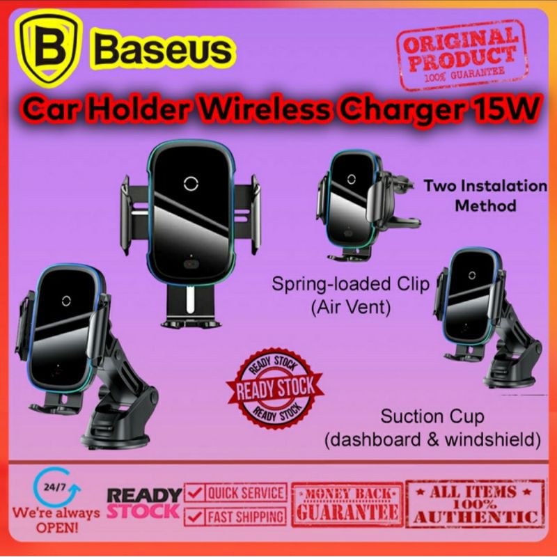 Original Baseus Light Electric Car Holder Wireless Charger 15W Automatic Lock