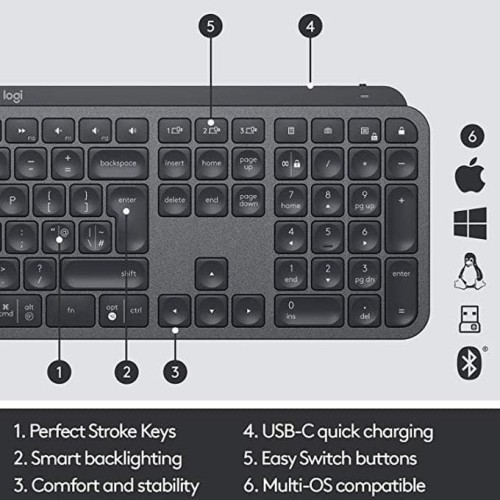 Logitech MX Keys Wireless Illuminated Keyboard Bluetooth Multi Device