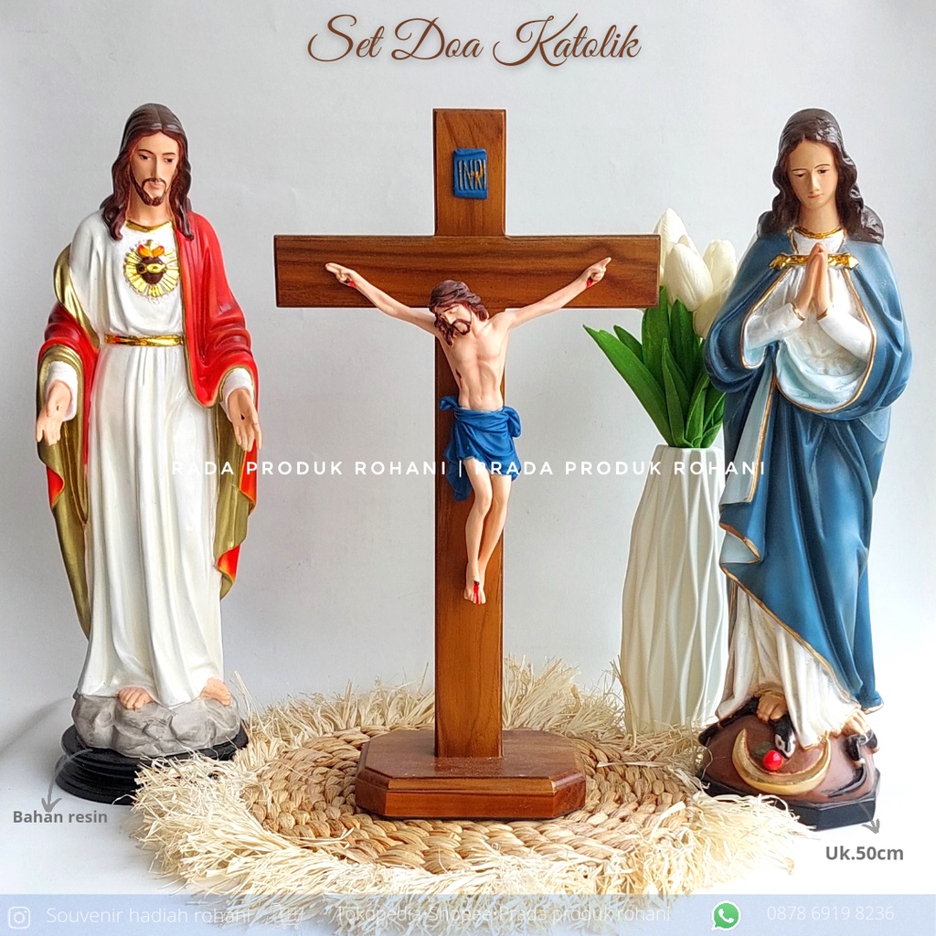 Set Doa Katolik/Patung Yesus Hati Kudus/Patung Bunda Maria Boro/Salib kayu