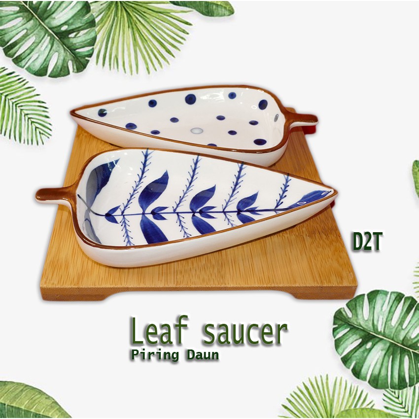 piring daun keramik leaf saucer set lepek kecil tatakan bambu