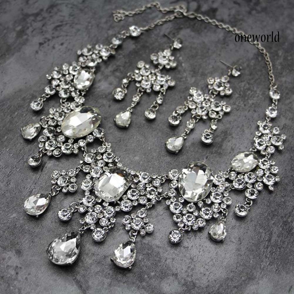 OW@ 2Pcs/Set Shiny Full Rhinestone Tassel Bridal Statement Bib Necklace Earrings