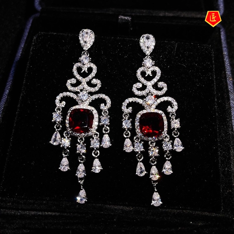 [Ready Stock]Retro Luxury Ruby Full-Jeweled Stud Earrings